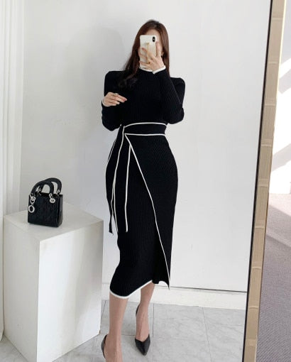 Woman Dress With Belt Vintage Patchwork Slim Knitted Midi Dresses Women Autumn Winter Elegant Sweater Knit Dress 2021 Vestidos