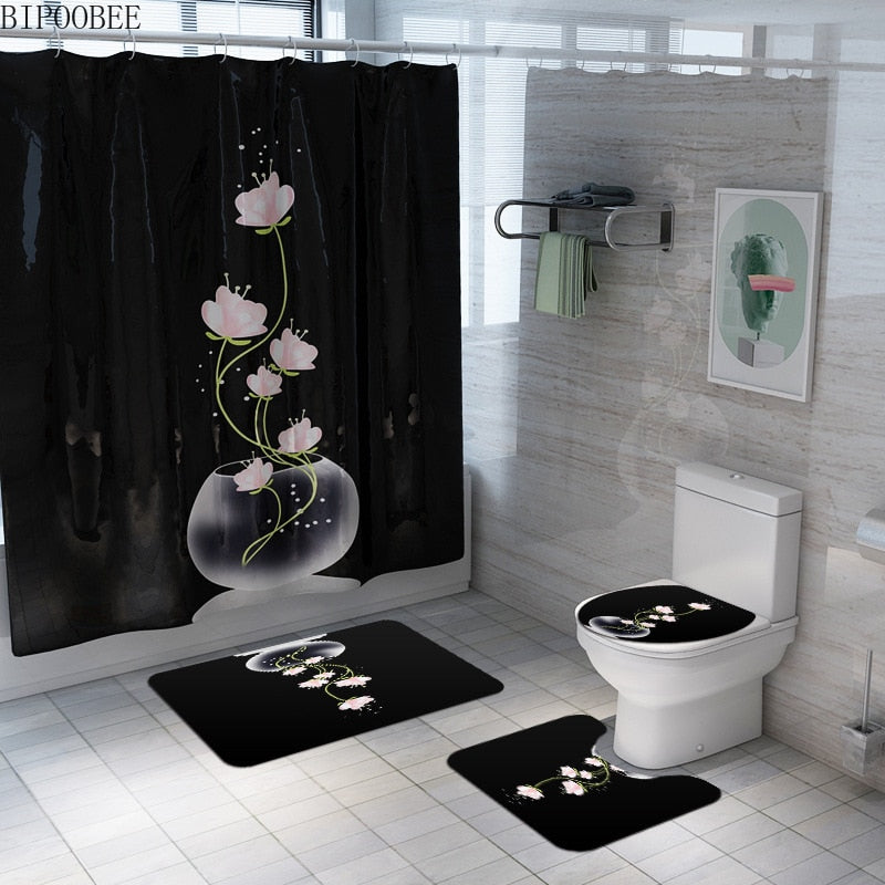 Colorful Tulip Lotus Flowers Trees Shower Curtain Sets Non-Slip Rugs Toilet Lid Cover and Bath Mat Waterproof Bathroom Curtains