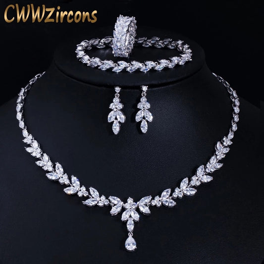 CWWZircons 4Pcs Brilliant Cubic Zircon Necklace Earrings Ring and Bracelet Wedding Bridal Jewelry Sets Dress Accessories T344