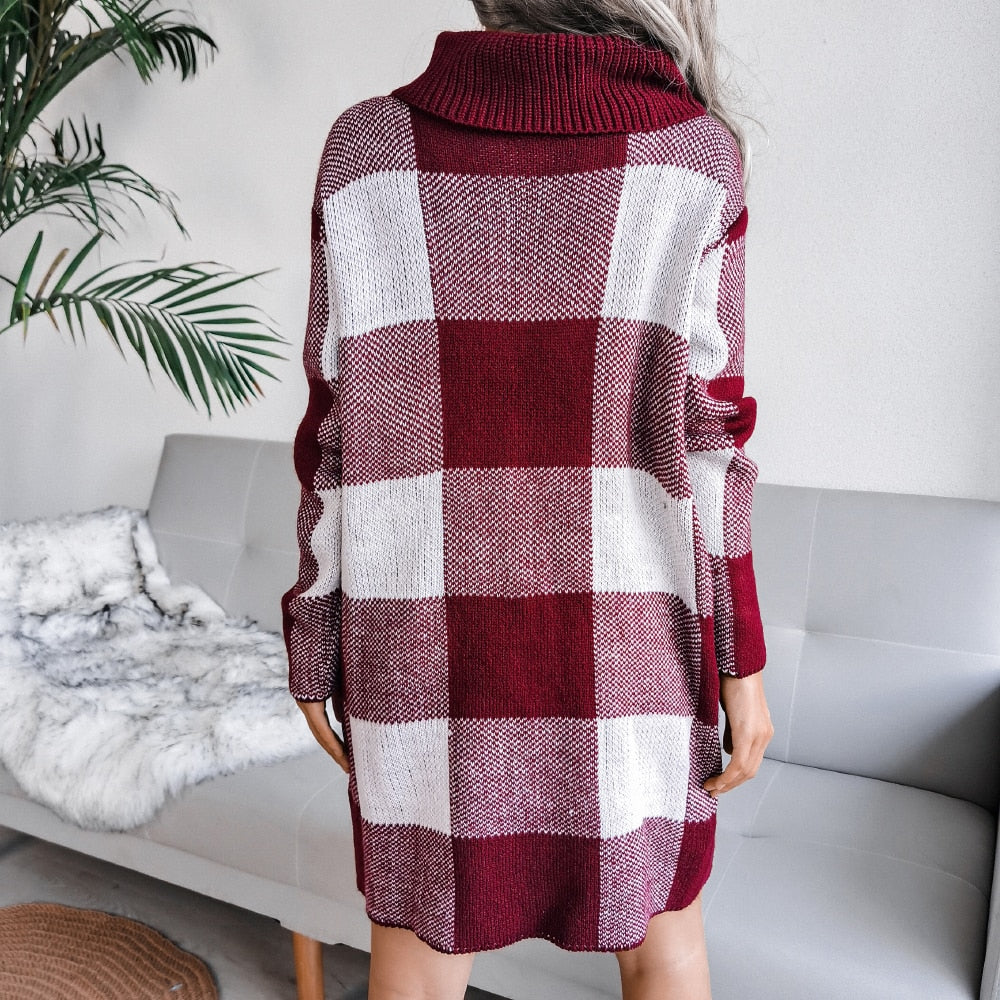 Plaid Autumn Winter Dress Women 2021 Long Sleeve Turtleneck Knitted Sweater Dresses For Womens Casual Dress