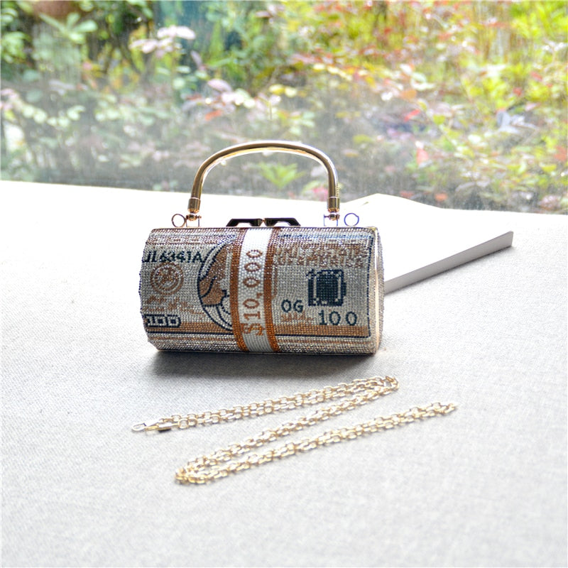 Money Clutch Rhinestone Purse 10000 Dollars Stack of Cash Evening Handbags Shoulder Wedding Dinner Bag 8 Color