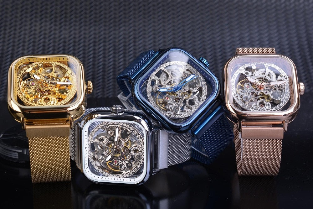 Forsining Golden Men Automatic Watch Square Skeleton Mesh Steel Band Mechanical Business Clock Relogio Masculino Erkek Kol Saati