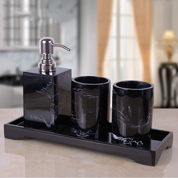 Black Marble Pattern Tray Resin Bathroom Set Toothbrush Holder Soap Dispenser Soap Dish Men's Bathroom Accessories Set Home Deco