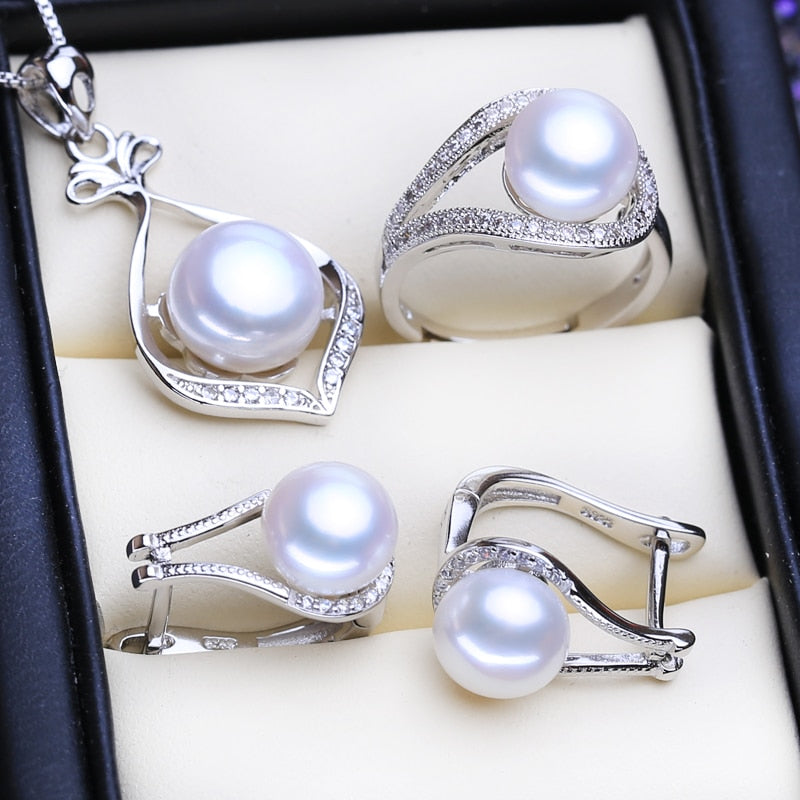 FENASY 925 Sterling Silver Pendant Necklace Natural Pearl Jewelry Sets For Women Classic Stud Earrings Fashion Party Rings