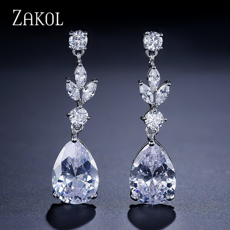 ZAKOL Fashion AAA Cubic Zircon Drop Earrings for Women White Color Leaf Wedding Jewelry Factory Wholesale FSEP4004