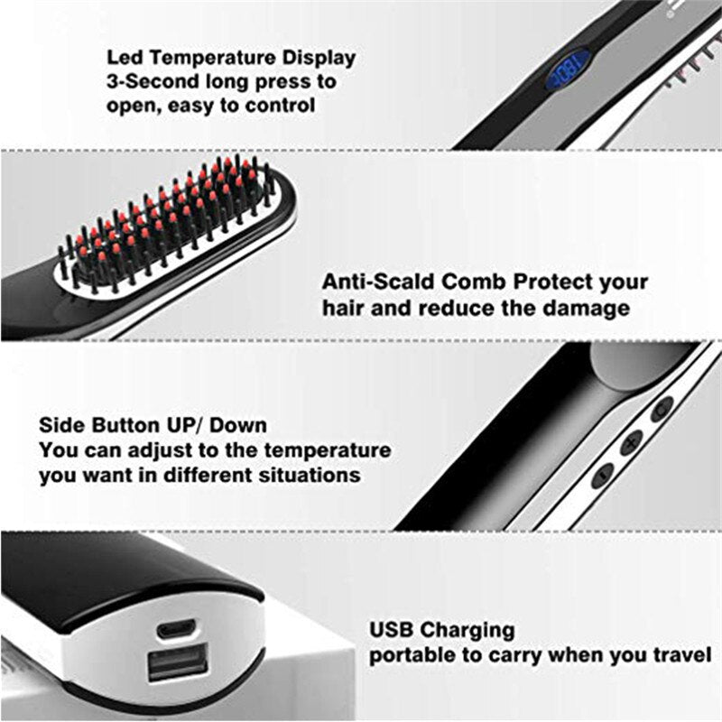 Cordless Beard Straightener Hair Comb Brush USB Rechargeable Wireless Anti Static Quick Heated Hair Straightening Styling Tools