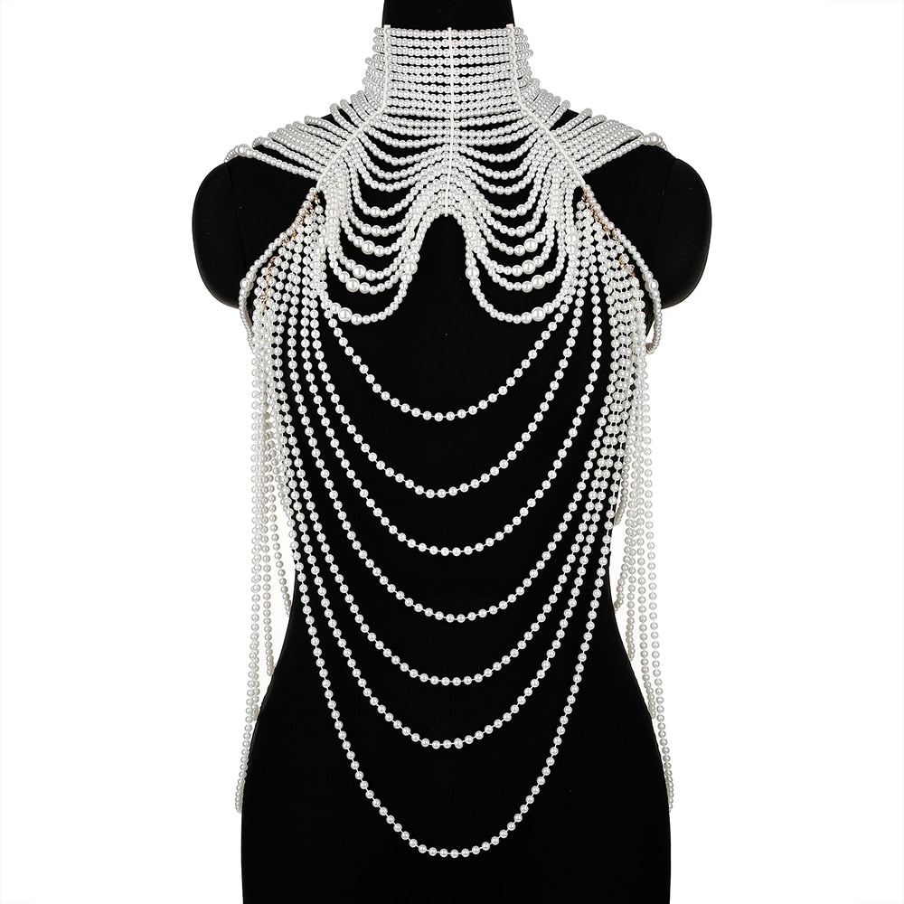 Women Pearl Shawl Necklaces Body Chain Sexy Beaded Collar Shoulder Pearl Bra Top Sweater Chain Wedding Dress Body Jewelry