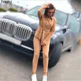 TYHRU Autumn Spring Women's Tracksuit Suede Solid Color Shirt Collar Single Breasted Belt Elastic 2 Pieces Pant Suit