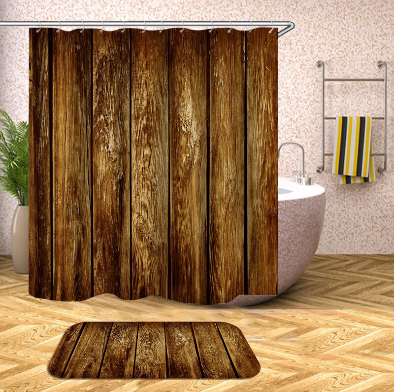 wooden 3D Shower Curtains Waterproof fabric shower curtains with hooks bathroom curtain funny bath curtain or mat