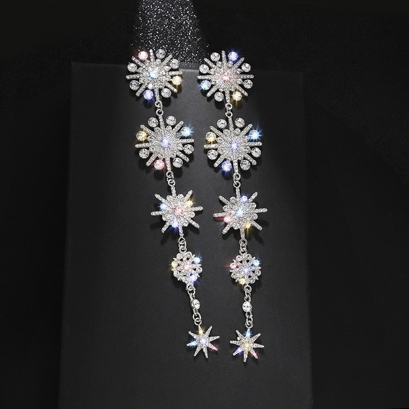 FYUAN Shine Snowflake Rhinestone Drop Earrings for Women Long Tassel Crystal Earrings Weddings Engagement Jewelry Gift