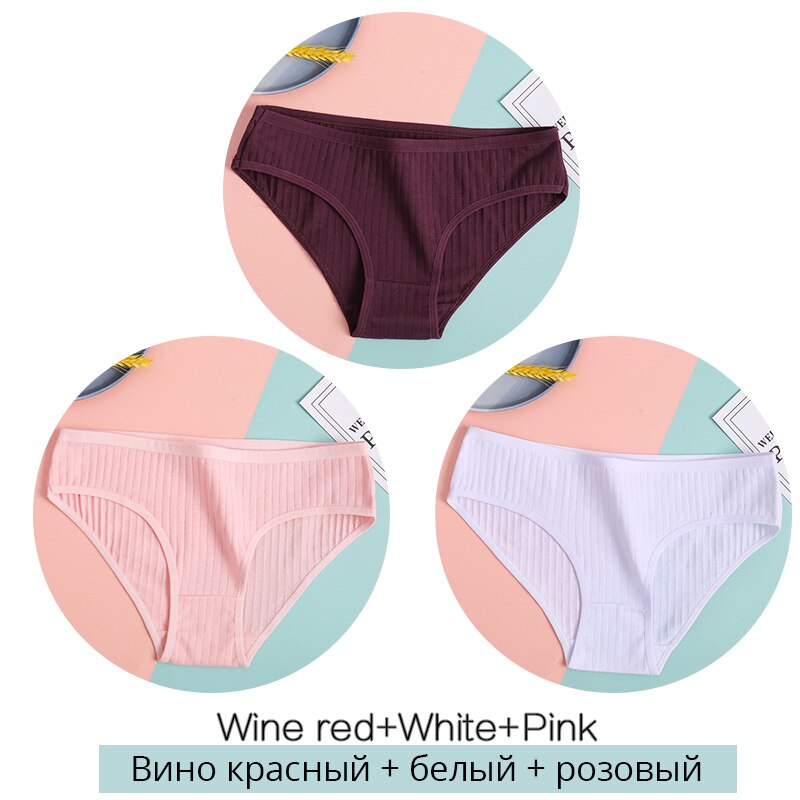 FINETOO Women's Cotton Panties 3Pcs Soft Striped Women Underpants Solid Girls Briefs Sexy Female Lingerie M-XL Comfort Underwear