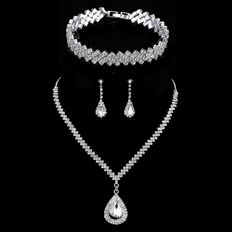 TREAZY Silver Color Rhinestone Crystal Bridal Jewelry Sets for Women Necklace Earrings Bracelet Set Wedding Jewelry Accessories