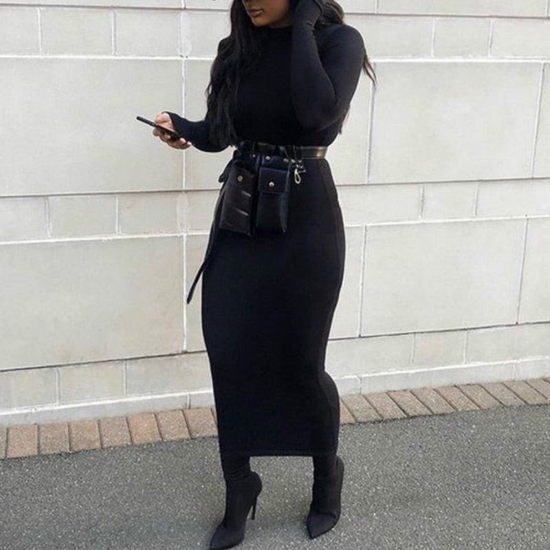 Turtleneck Long Dress Autumn Winter Muslim Elegant Office Lady Skinny Long Sleeve Bodycon Casual Dress Women Midi Clubwear