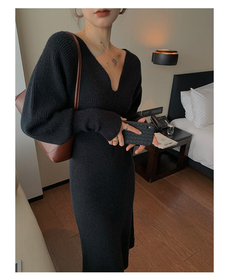 Elegant Long White Knitting Dress Women Winter V-Neck Long Sleeve Bodycon Dress Korean Office Lady High Waist Vintage Dress 2021