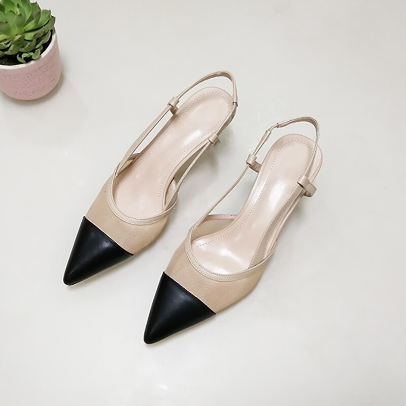 Meotina Women Natural Genuine Leather Shoes Slingbacks High Heels Pointed Toe Cutout Sandals Shoes Ladies Beige Large Size 42 43