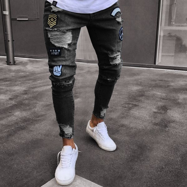 Skinny ripped jeans men Pants Pencil Biker Side Striped Jeans Destroyed Hole Hip Hop Slim Fit Man Scratched Jean Hombre Pantalon