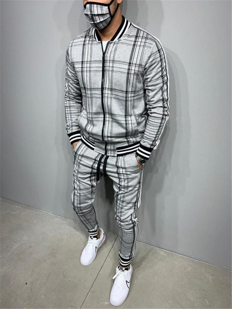 2021 New gyms Men's Sets 2 Pieces Sets Tracksuit Men's Jackets+Pants suit Sportwear Gentlemen Plaid Mens Sports Suit men Clothes