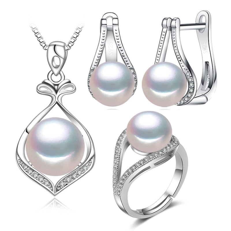 FENASY 925 Sterling Silver Pendant Necklace Natural Pearl Jewelry Sets For Women Classic Stud Earrings Fashion Party Rings