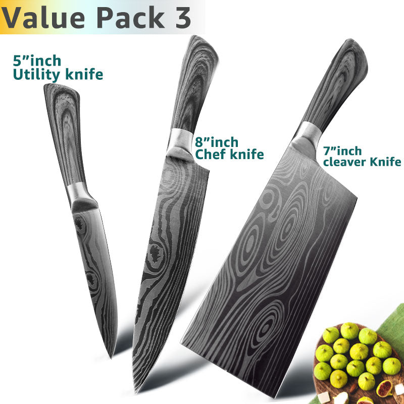 Kitchen Knife 5 7 8 Inch 1-3Pcs Set Stainless Steel Chef Santoku Imitated Damascus Pattern Cleaver Meat Vegetable Cooking Tool