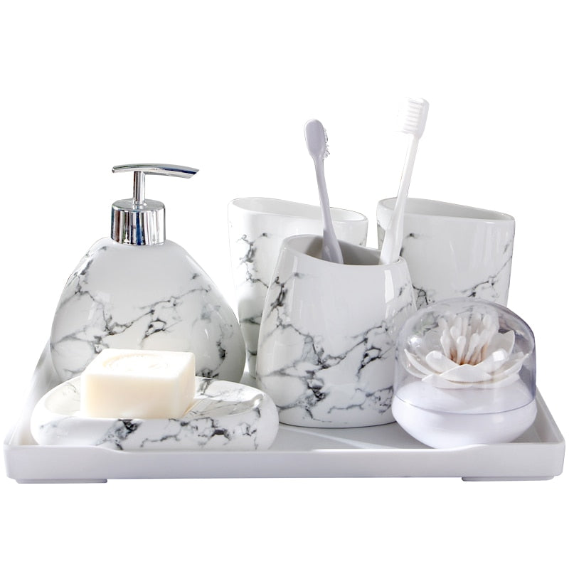 Wedding Gift Nordic Marble Texture Ceramic Bathroom Accessories Set/Soap Dispenser/Toothbrush Holder/Melamine Tray