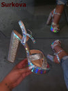 Surkova Sliver Bling Bling Crystal Chunky Heel Sandals Magnifique Rhinestone Cross Strappy Bride Shoes Platform Party Heels