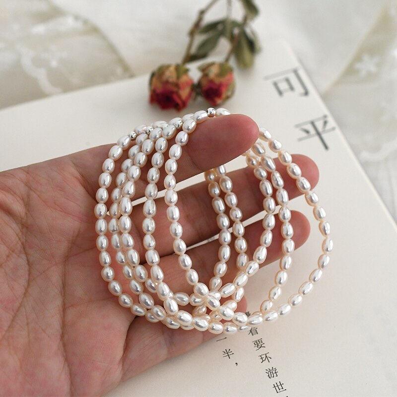 ASHIQI 3-4mm Real natural freshwater pearl elastic bracelet 925 silver bead jewelry for women Valentines Day Jewelry Gift