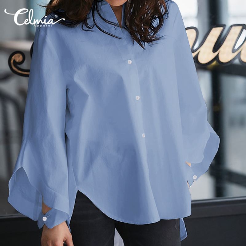 Celmia 2021 Autumn Women Tops and Blouses Long Flare Sleeve Casual Solid Shirts Buttons Work Basic Blusas Femininas Plus Size