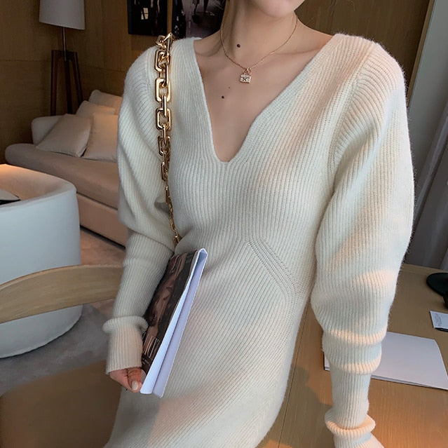 Elegant Long White Knitting Dress Women Winter V-Neck Long Sleeve Bodycon Dress Korean Office Lady High Waist Vintage Dress 2021