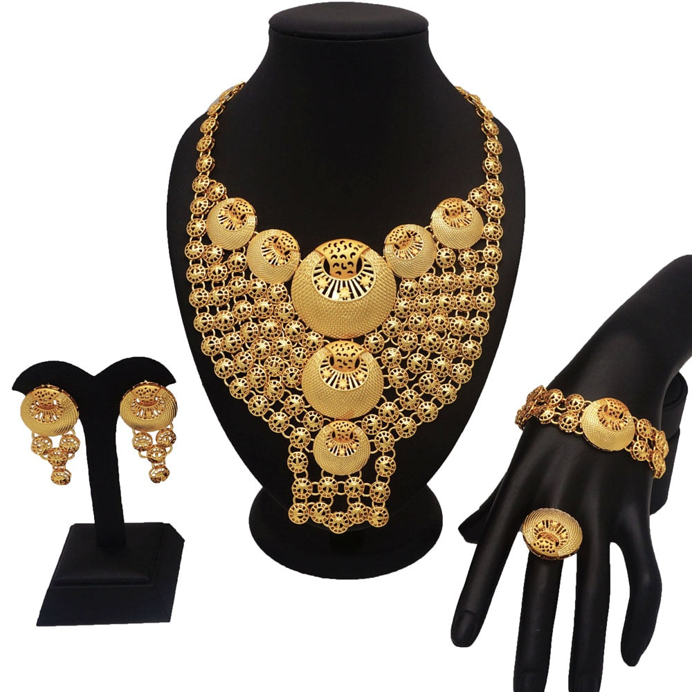 Fashion Gold Color Jewelry Sets African Bridal Big Jewelry sets Women Necklace Bracelet Earings Ring Wedding Gifts