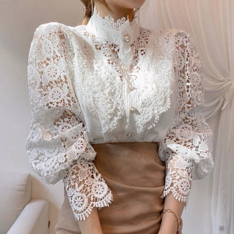 Vintage Solid White Lace Blouse Shirts Women New Korean Button Loose Shirt Tops Female Hollow Casual Ladies Blouses Blusas 12928