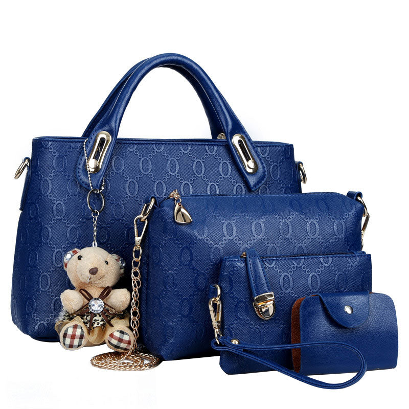 4Pcs/Set Elegant Ladies Bear Pendant Handbag Shoulder Bag Girls Fashionable PU Leather Casual Messenger Tote Bag