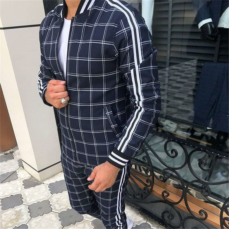 2022 New gyms Men's Sets 2 Pieces Sets Tracksuit Men's Jackets+Pants suit Sportwear Gentlemen Plaid Mens Sports Suit men Clothes