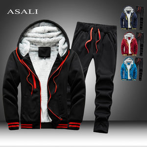 2021 Fleece Hooded Tracksuit Men 2 Pieces Set Sweatshirt + Sweatpants Sportswear Zipper Hoodies Casual Sets Mens Clothing S-5XL