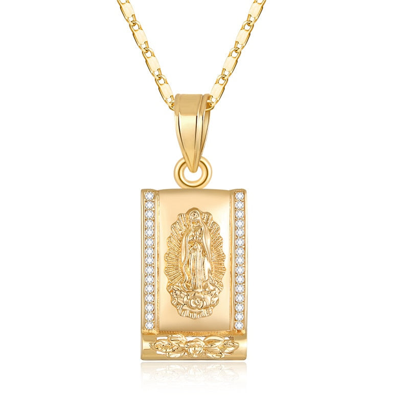 CWEEL Virgin Mary Necklace Gold Color Bijoux Imitation Crystal Statement Necklace Women Fashion Pendant Catholic Jewelry