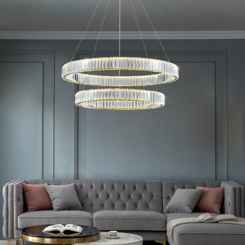 Modern Chrome Gold Steel Led Chandelier Villa Stairs Dimmable Circle Chandelier Lighting Foyer Hanging Chandelier Lamp Fixtures