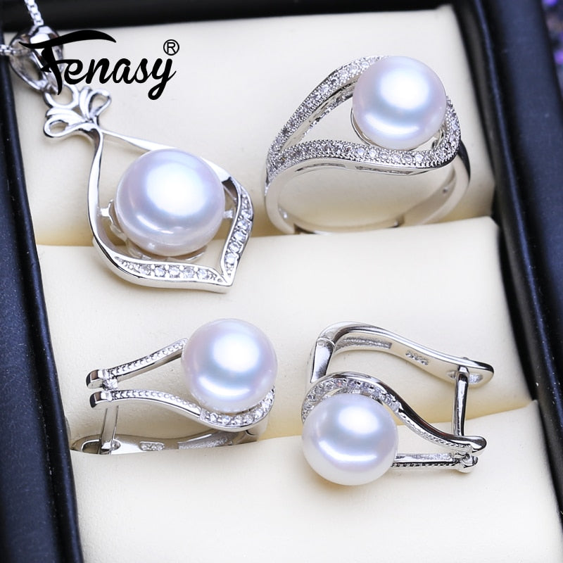 FENASY 925 Sterling Silver Pendant Necklace Natural Pearl Jewelry Sets For Women Classic Stud Earrings Fashion Party Rings