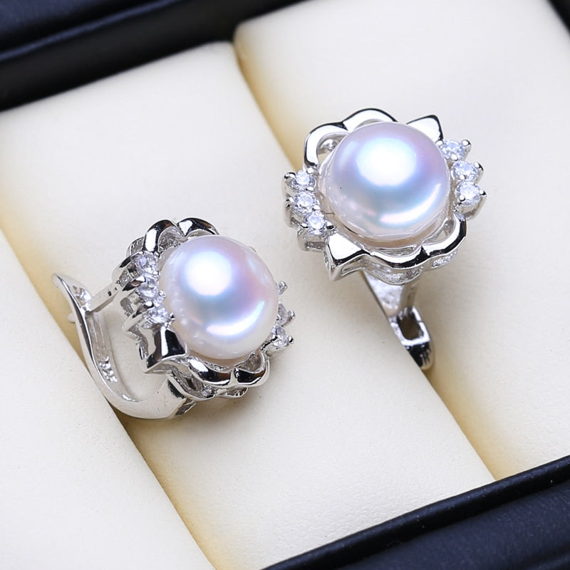 FENASY 925 Sterling Silver Pendant Necklace Natural Pearl Jewelry Sets For Women Classic Stud Earrings Fashion Party Rings