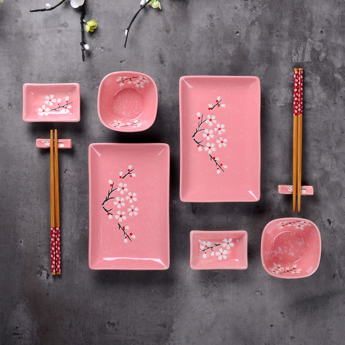 Panbado Japanese Style Pink Porcelain Sushi Set with 2*Sushi Plate,Bowl,Dip Dishes,Bamboo Chopstick,Sticks Stand Set Gift Box