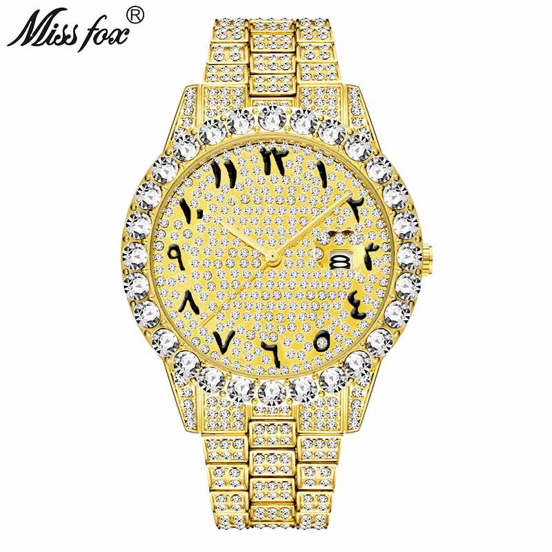 MISSFOX Arabic Numerals Mens Watches Top Brand Luxury Watch Men 18k Gold Big Diamond With Canlender Classic Male Iced Out Watch