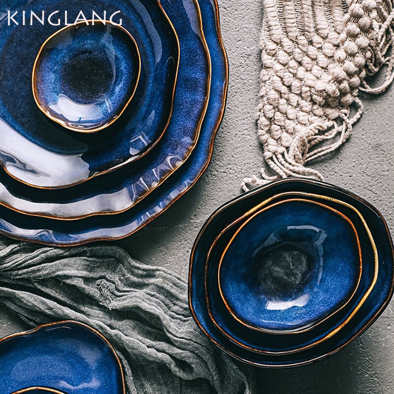 KINGLANG 1/2/4 Person Tableware Set Blue Color Ceramics Irregular Shape Dinner Set Dishes Plate