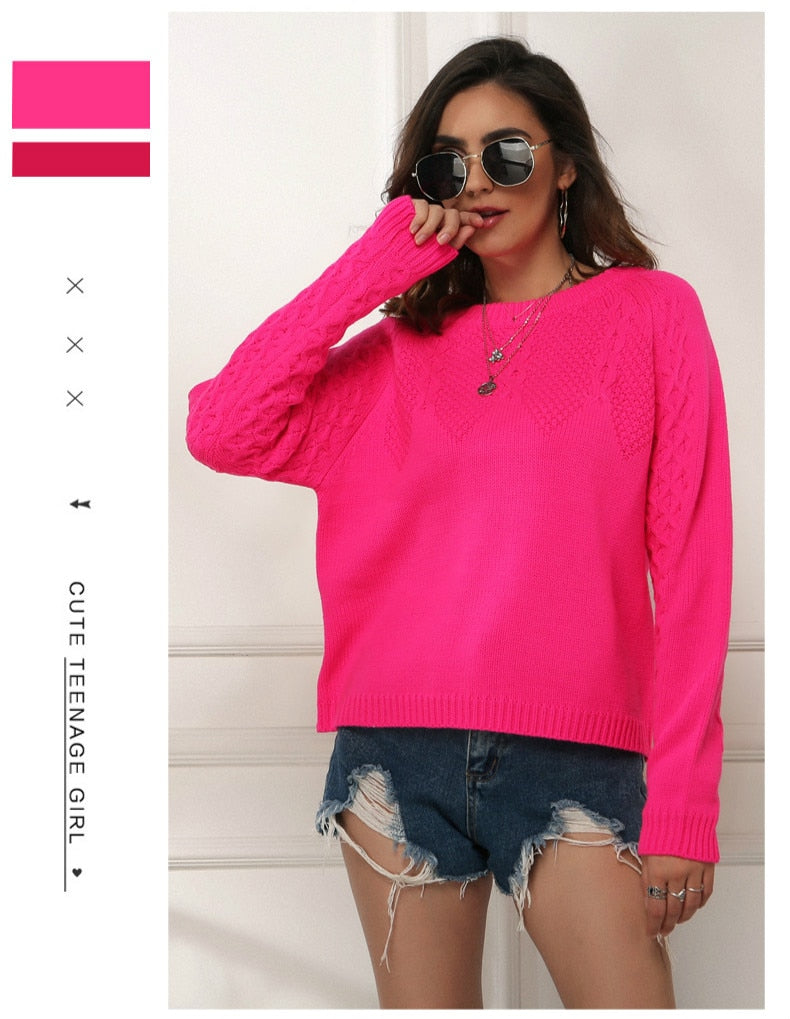 Women's Neon Sweaters Fluorescence Fuchsia Turtleneck Long Sleeve Pullovers Casual Loose O Neck Knitted Shirts Female Jumper