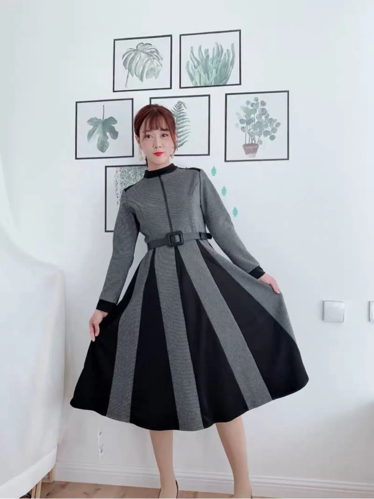 Casual Little Plaid Spliced Hem Pleated A-Line Dresses Women Fall Vintage Belted Long Sleeve Dress Elegant Knee-Length Vestidos