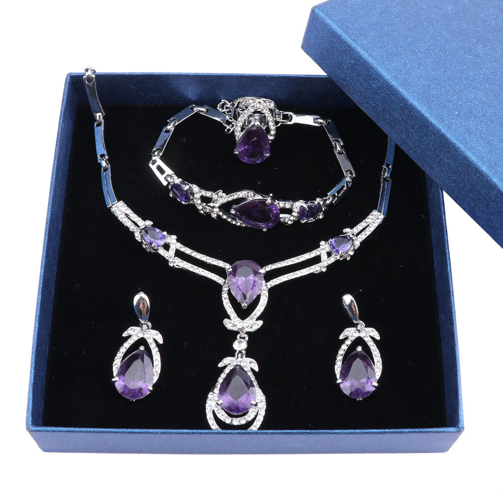 Women Gold Color Purple Zircon Crystal African Beads Necklace Bracelet Earring Ring Saudi Jewelry Set Party Bridal Decoration