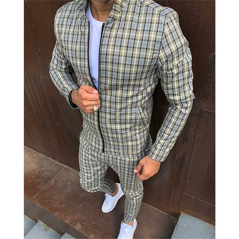 2022 New gyms Men's Sets 2 Pieces Sets Tracksuit Men's Jackets+Pants suit Sportwear Gentlemen Plaid Mens Sports Suit men Clothes