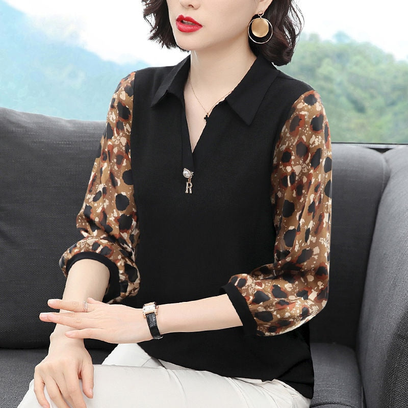 Women Spring Summer Style Chiffon Blouses Shirts Lady Casual Turn-down Collar Patchwork Chiffon Blusas Tops DF3799