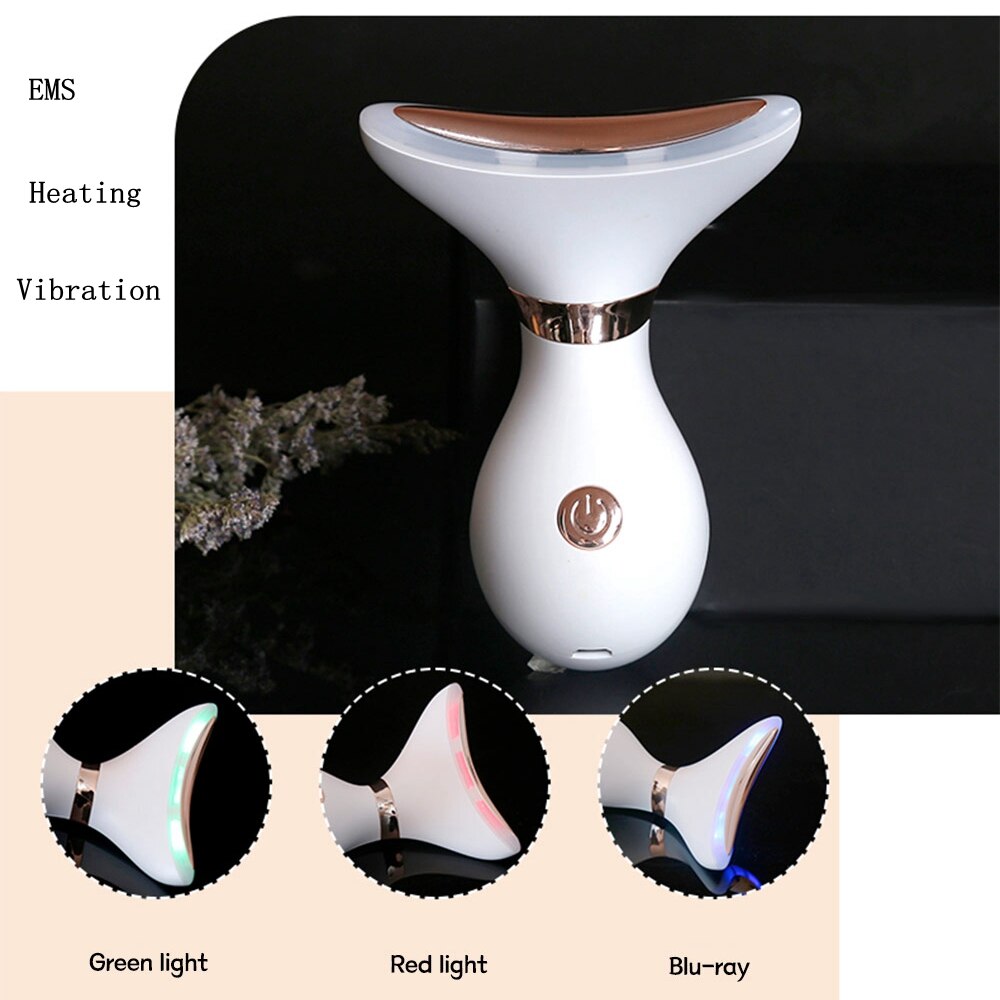 Facial Neck Massager Lift Anti Wrinkles Heat High Frequency Vibration Face Skin Tightening Lifting 3LED Light Reduce Double Chin