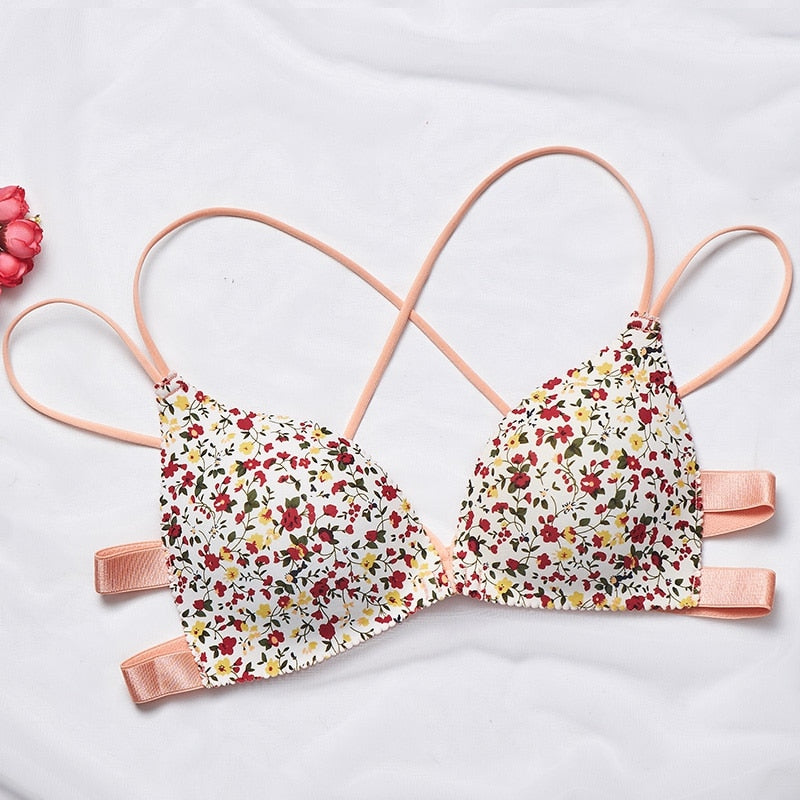 Fashion Floral Print Bra Front Buckle Underwear Seamless Cross Back Women Push Up Bras