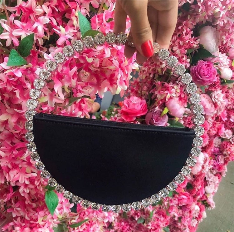 HIGHREAL Women INS Diamond Circular Evening Bag Women Round Handle Rhinestone Dinner Clutch Purse Ladies Half Moon Handbag Purse