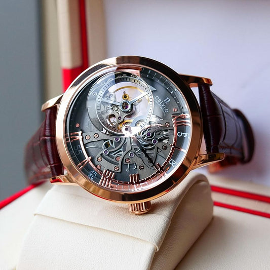 OBLVLO Casual Watches Mens Skeleton Dial Calfskin Leather Band Rose Gold Watches Automatic Watches for Men Montre Homme VM 1