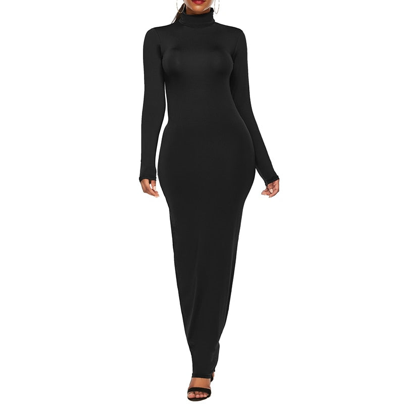 Turtleneck Long Dress Autumn Winter Muslim Elegant Office Lady Skinny Long Sleeve Bodycon Casual Dress Women Midi Clubwear